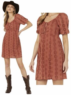 Shyanne Cotton Eyelet Lined Western Coastal Coral Eyelet Tie-Neck Mini Dress S